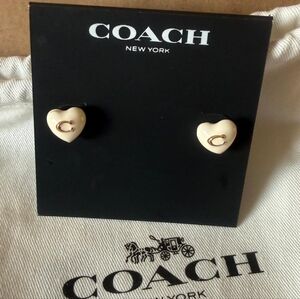 Coach Cream Heart Stud Earrings with Gold 'C' Accent